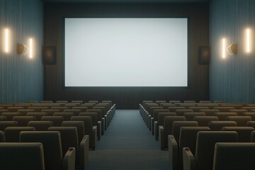 Obraz premium modern theater auditorium with rows of recliner seats and glowing aisle lights leading to large blank screen
