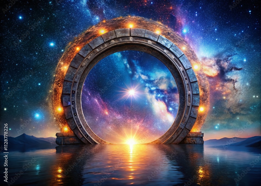 Poster captivating stargate portal gateway into the vastness of space, unveiling cosmic wonders and interst