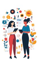 Flat vector illustration of two business women holding a tablet, surrounded by charts, graphs, and flowers