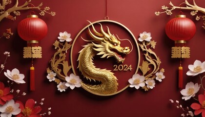 Chinese New Year 2025, Year of the Tiger, red and gold flower and Asian elements, paper cut with craft style on background.