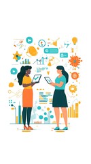 Flat vector illustration of two business women holding a tablet, surrounded by charts, graphs, and flowers