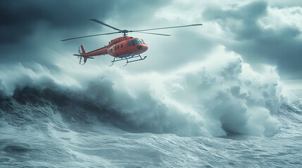 Fototapeta premium A dramatic rescue scene during a storm with a helicopter hovering above a sinking ship amidst towering waves.