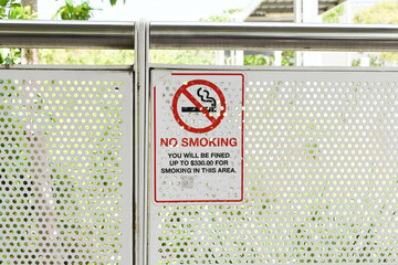 Front view of no smoking sign with fine penalty