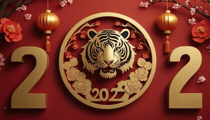 Happy Chinese New Year 2025, Tiger Zodiac sign, with gold paper cut art and craft style on color background for greeting card, flyers, and posters.