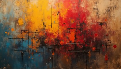 Abstract painting with bold orange, red, and black brushstrokes creating a dynamic and textured composition