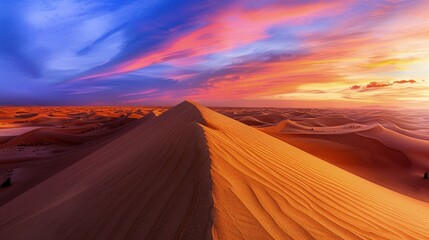Naklejka premium High-end photography of a remote desert landscape with dramatic sand dunes and vibrant sunset colors
