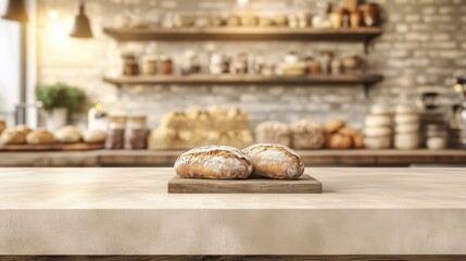 Obraz premium Two Artisan Loaves Resting On Wooden Board In Bakery