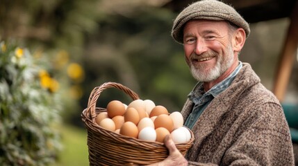 Happy Farmer Holding a Basket of Fresh Eggs