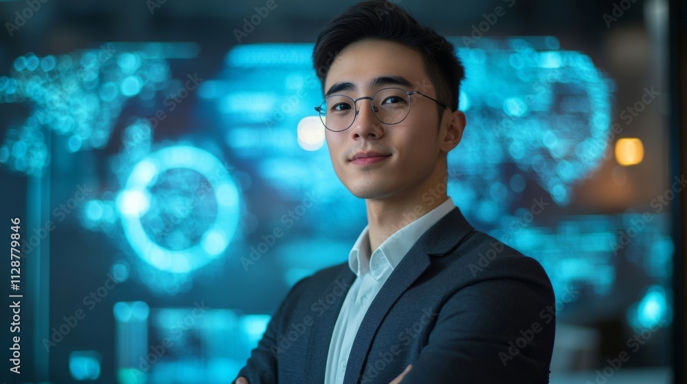 Aufkleber young professional analyzing financial data in modern office with digital graphics