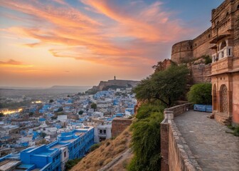 Fototapeta premium Captivating Sunset Over Jodhpur, Rajasthan: A Scenic View of Blue Houses in the Blue City with Open Space for Text Overlay