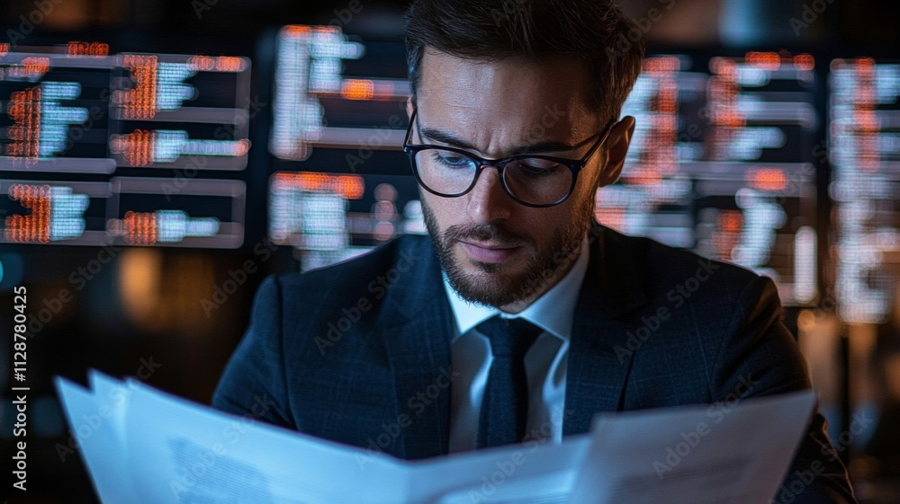 Poster a man in a suit reading papers in a dimly lit room with illuminated monitors in the background.