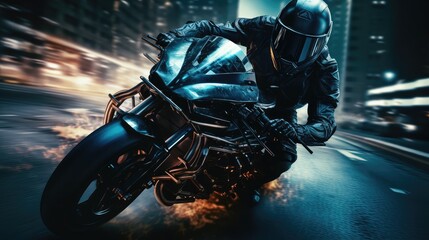 Rider speeds through city streets on a motorcycle at night under bright city lights