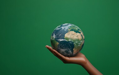A hand holding the Earth on a green background, with a recycle icon, symbolizing the concept of reuse, reduce, recycle, and zero waste for conscious consumption