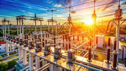 High-voltage substation's aerial view reveals intricate power distribution, overhead lines, and energy infrastructure control panels.