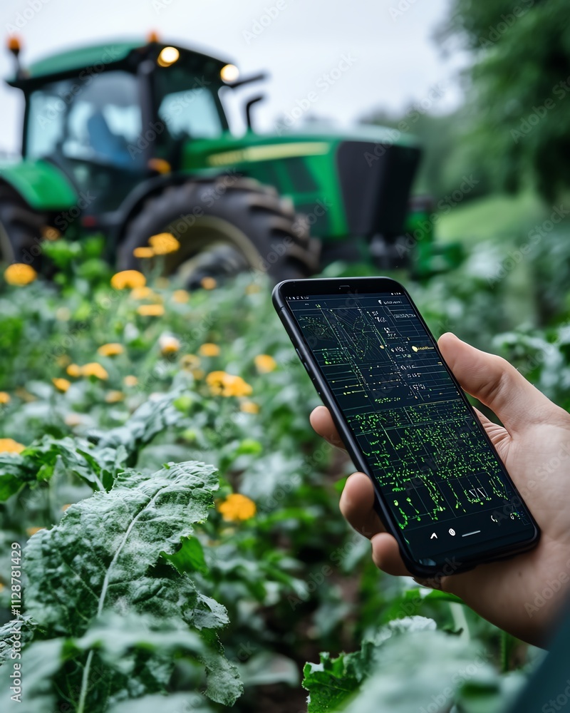 Leinwandbilder A hightech agricultural setting where a farmer uses a mobile app to analyze data and control automated systems, ensuring optimal crop yield through smart farming techniques