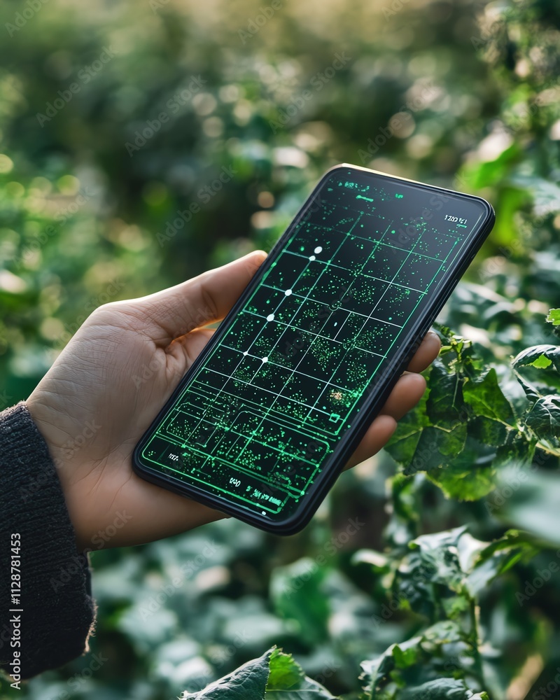 Poster A hightech agricultural setting where a farmer uses a mobile app to analyze data and control automated systems, ensuring optimal crop yield through smart farming techniques