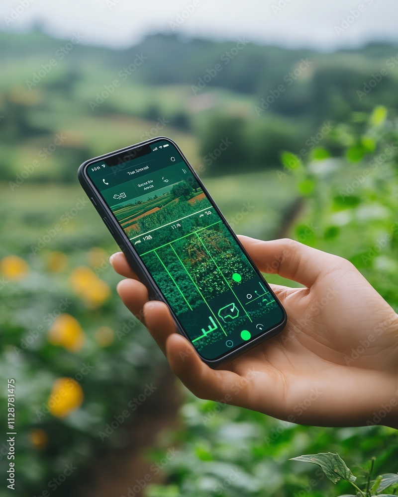 Aufkleber A hightech agricultural setting where a farmer uses a mobile app to analyze data and control automated systems, ensuring optimal crop yield through smart farming techniques