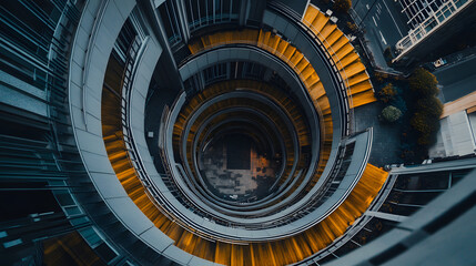 A drone capturing a spiral staircase on a skyscraper rooftop from directly above.