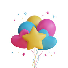 3D illustration of colorful balloons and star shape against black background. Perfect for celebrations.