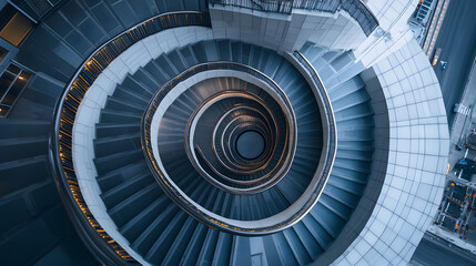 A drone capturing a spiral staircase on a skyscraper rooftop from directly above.