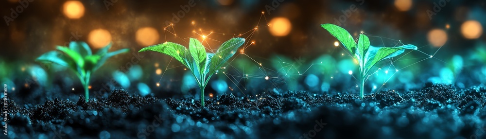 Poster A hightech farming environment where a farmer uses AI applications to monitor soil and crop health, control automation, and improve plantation output through datadriven decisions