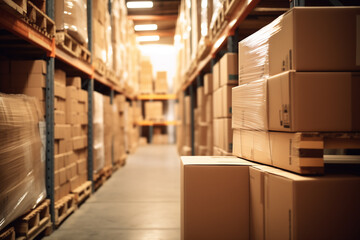 A clean and professional depiction of a warehouse with securely packaged cardboard boxes on pallets, Logistics, supply chain, and storage operations.