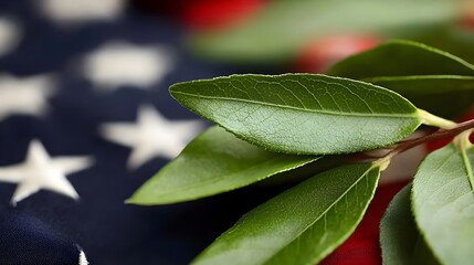 Close-Up of Green Leaves on an American Flag Background, Capturing Nature and Patriotism in a Unique Composition