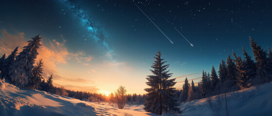 Winter landscape under a starry sky at sunset