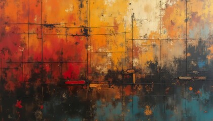 Abstract painting with bold orange, red, and black brushstrokes creating a dynamic and textured composition