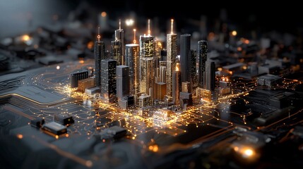 Futuristic Smart City Map with Bright Digital Overlays and Luminous Skyline