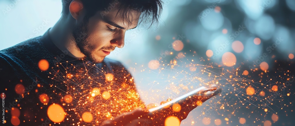 Leinwandbilder a man using a digital device for global business, finance, and banking, accessing big data and onlin