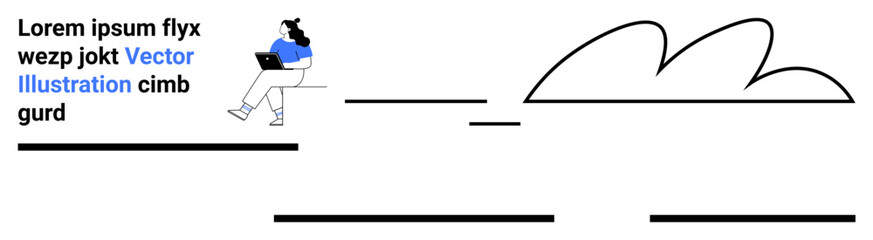 Individual with laptop, minimalistic landscape lines, abstract cloud, text elements. Ideal for technology, minimalism, modern design, productivity, digital workspace, education creativity Landing