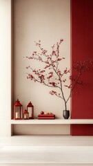 A serene interior featuring a branch with red blossoms, decorative lanterns, and a minimalist color palette of soft neutrals and deep red.