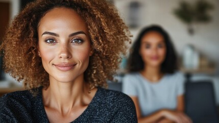 A woman with curly brown hair smiles confidently while looking directly at the camera.
