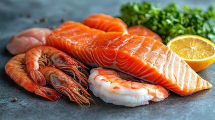 Fresh salmon, shrimp, chicken, lemon, and parsley.