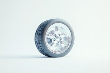 polished car tire with alloy wheel design resting on clean white background