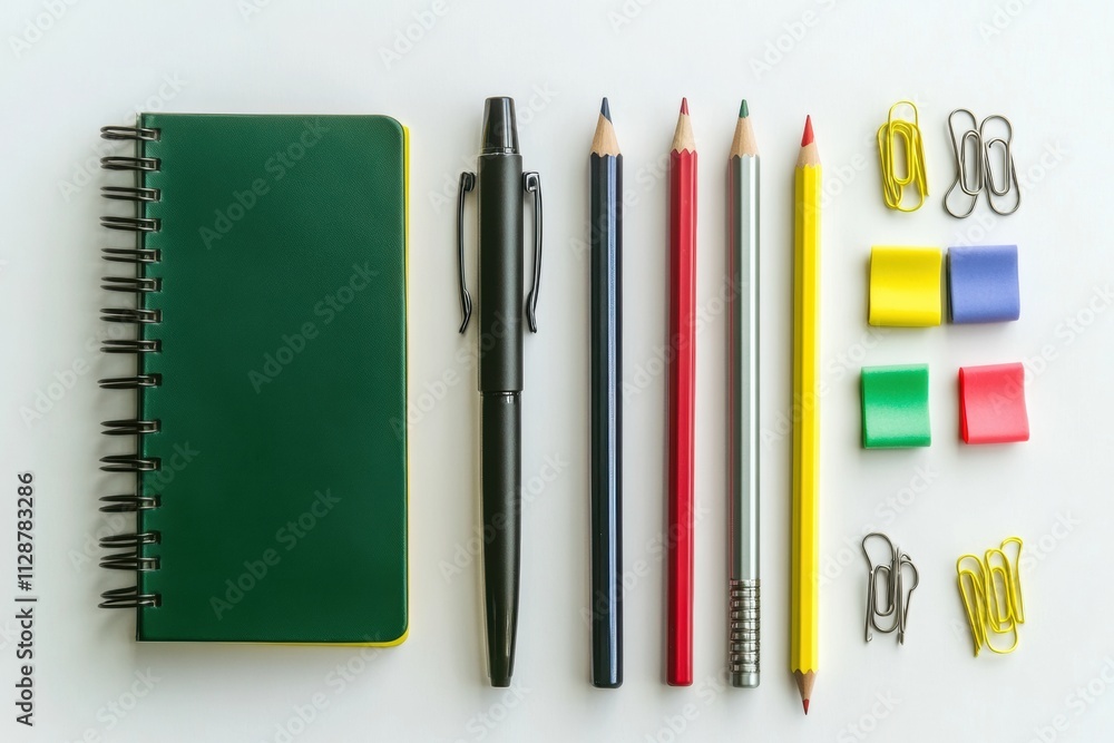 Poster brightly colored office supplies are arranged neatly on a clean desk, showcasing creativity and orga