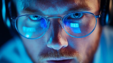 Close-up of a Man's Face with Glasses and Blue Light Reflecting in Them