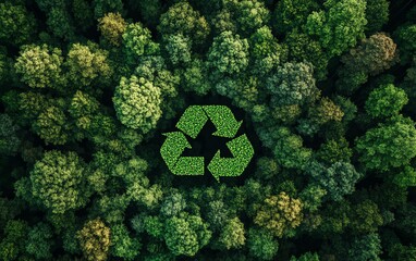 Aerial forest scene with a CO2 emission reduction symbol, emphasizing green business, sustainable development, and the fight against global warming