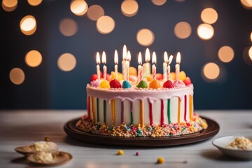 Close-Up Shot of Happy Birthday Cake with Colorful Burning Candles Festive Decorations with Sprinkle
