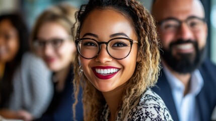 Obraz premium Close-up Portrait of a Smiling Woman with Curly Hair and Glasses