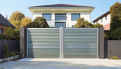 Modern sliding gate made of aluminum lattice panels that closes the entrance to a residential building. AI generated.