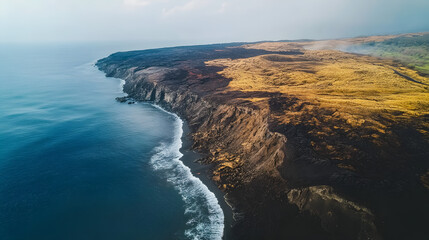 Obraz premium A drone flying over a newly formed volcanic island with fresh lava fields meeting the ocean.