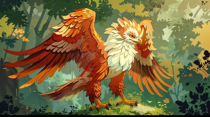 Fototapeta premium A cartoon illustration of a red griffin standing on a rock in a forest.