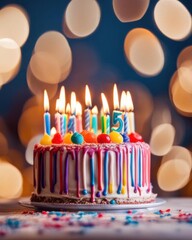 Close-Up Shot of Happy Birthday Cake with Colorful Burning Candles Festive Decorations with Sprinkle
