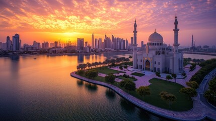 Naklejka premium Majestic Mosque at Sunset City Skyline View