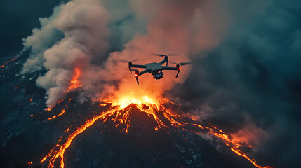 A drone hovering over an erupting volcano capturing glowing lava flows and thick smoke plumes.