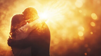 Naklejka premium A cinematic close-up of a compassionate embrace between two figures, one radiating ethereal light, symbolizing divine forgiveness