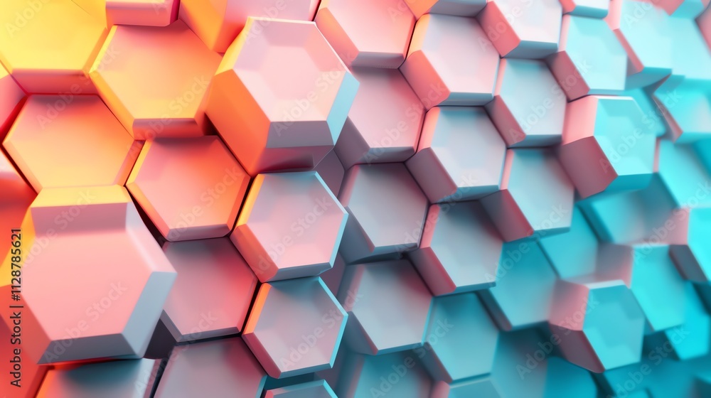 Poster abstract pattern of white hexagons with a gradient of pink to blue.
