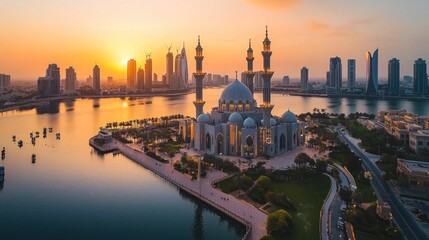 Fototapeta premium Majestic Mosque at Sunset Over City Skyline